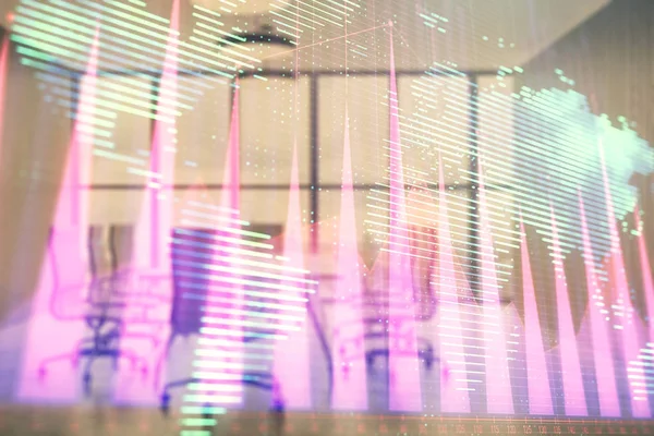 Konferans odası arka planda dünya hologram ile hisse senedi piyasası grafik çift pozlama. Uluslararası Finans konsepti