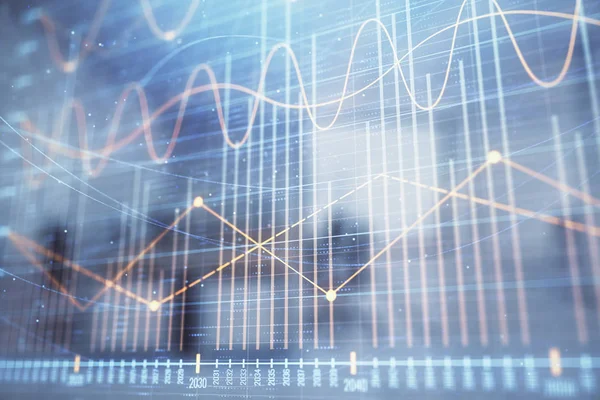 Gráfico del mercado de valores con escritorio de negociación interior de la oficina bancaria en segundo plano. Doble exposición. Concepto de análisis financiero —  Fotos de Stock