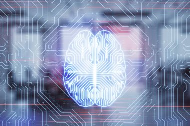 Arka planda ofis iç ile insan beyni çizim. Çift pozlama. Yenilik konsepti.