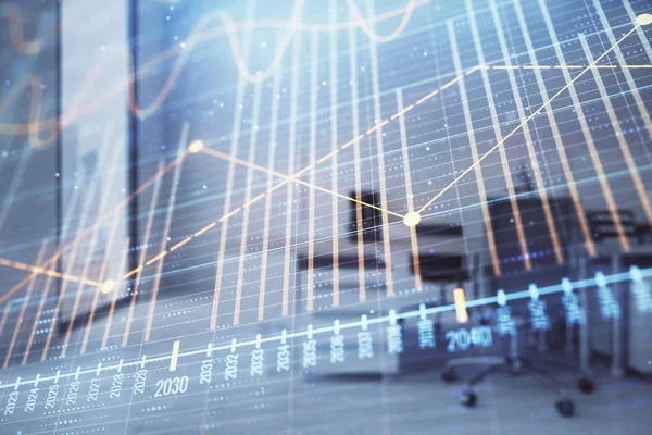 Börsdiagram med Trading Desk bankkontor interiör på bakgrunden. Dubbel exponering. Begreppet finansiell analys — Stockfoto