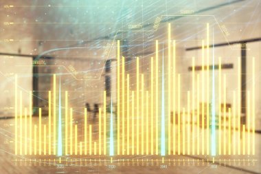 Arka planda ticaret masası banka Ofisi İç ile stok ve tahvil piyasa grafiği. Çok pozlama. Finansal analiz konsepti