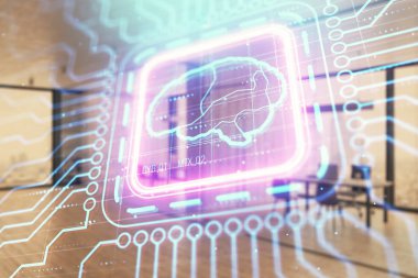 Arka planda ofis iç ile insan beyni çizim. Çift pozlama. Yenilik konsepti.