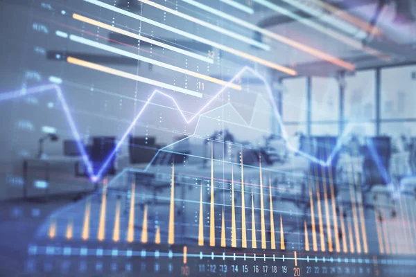 Stock and bond market graph with trading desk bank office interior on background. Multi exposure. Concept of financial analysis