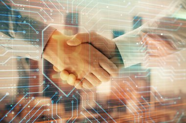 El sıkışması ile Cityscape arka planda kripto ekonomisi Tema çizim çift pozlama. Ortaklık ve Blockchain konsepti