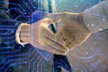 İki erkek el sıkışması ile soyut arka plan üzerinde kilit simgesi çizim Multi pozlama. Veri güvenlikleme kavramı