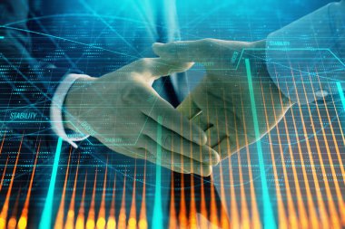 İki işadamı el sıkışması ile soyut arka planda Forex grafik Multi pozlama. Hisse senedi piyasasında başarı kavramı