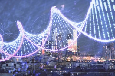 Şehir manzarası arka planda DNA hologramının çoklu pozlama. Eğitim konsepti