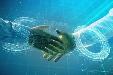 İki erkek el sıkışması ile soyut arka plan üzerinde SEO simge çizim Multi pozlama. Bilgi arama kavramı