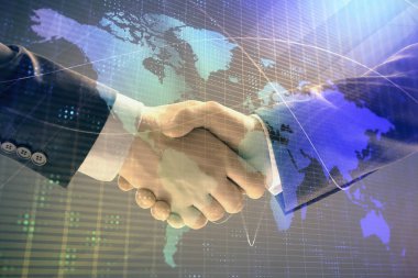 İki işadamı el sıkışması ile soyut arka plan üzerinde Dünya Haritası Multi pozlama. Uluslararası iş konsepti