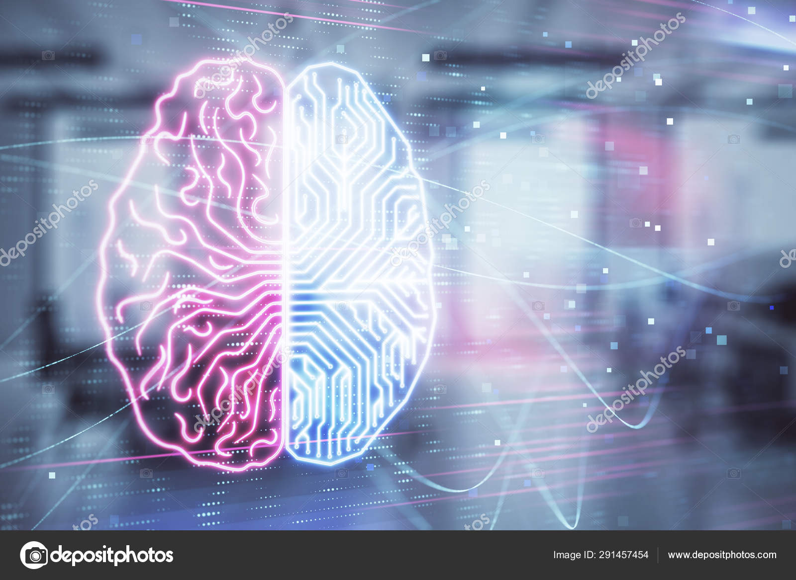 Human Brain Drawing With Office Interior On Background