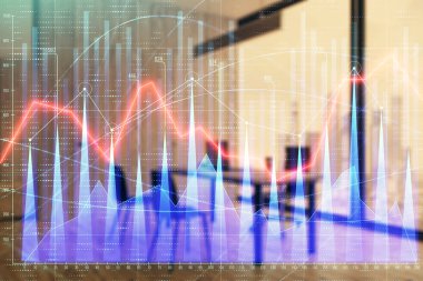 Minimalist kabine iç arka plan ile iş teması grafik hologram. Çift pozlama. Hisse senedi piyasası konsepti.