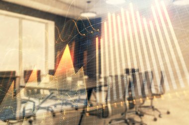 Konferans odası arka planda Forex çizelgesine çift pozlama. Hisse senedi piyasası analizi konsepti