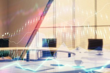 Konferans odası arka planda Forex çizelgesine çift pozlama. Hisse senedi piyasası analizi konsepti