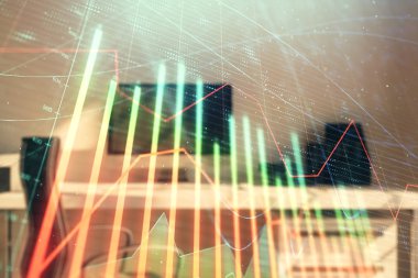 Hisse senedi piyasası grafik ve masaüstü ofis bilgisayar arka plan. Çok pozlama. Finansal analiz konsepti.