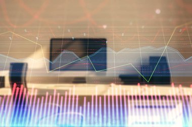 Hisse senedi piyasası grafik ve masaüstü ofis bilgisayar arka plan. Çok pozlama. Finansal analiz konsepti.