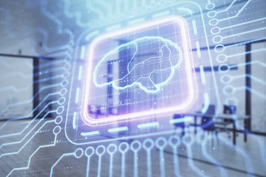 Arka planda ofis iç ile insan beyni çizim. Çift pozlama. Yenilik konsepti.