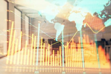 Stok ve tahvil piyasa grafik ve arka planda ticaret masası banka Ofisi İç ile dünya haritası. Çok pozlama. Uluslararası Finans konsepti