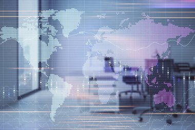 Stok ve tahvil piyasa grafik ve arka planda ticaret masası banka Ofisi İç ile dünya haritası. Çok pozlama. Uluslararası Finans konsepti