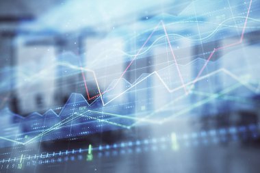 Ticaret masası banka ofisi iç arka planda stok piyasa şeması. Çift pozlama. Finansal analiz konsepti