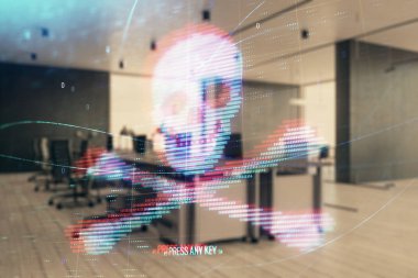 Arka planda ofis iç ile Hacking Tema hologram. Çift pozlama. Siber korsanlık kavramı