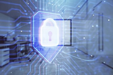 Arka planda ofis iç ile çizim kilit simgesi. Çift pozlama. Veri güvenliği kavramı