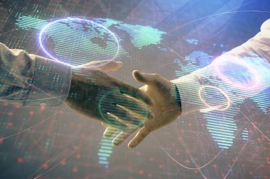 İki işadamı el sıkışması ile soyut arka plan üzerinde Dünya Haritası Multi pozlama. Uluslararası iş konsepti