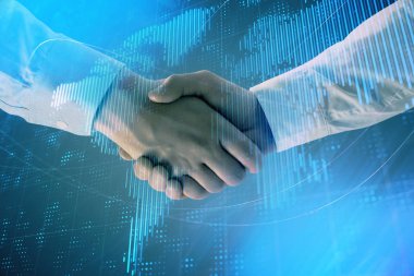 İki işadamı el sıkışması ile soyut arka plan üzerinde Dünya Haritası Multi pozlama. Uluslararası iş konsepti