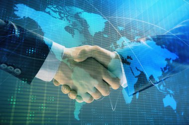 İki işadamı el sıkışması ile soyut arka plan üzerinde Dünya Haritası Multi pozlama. Uluslararası iş konsepti