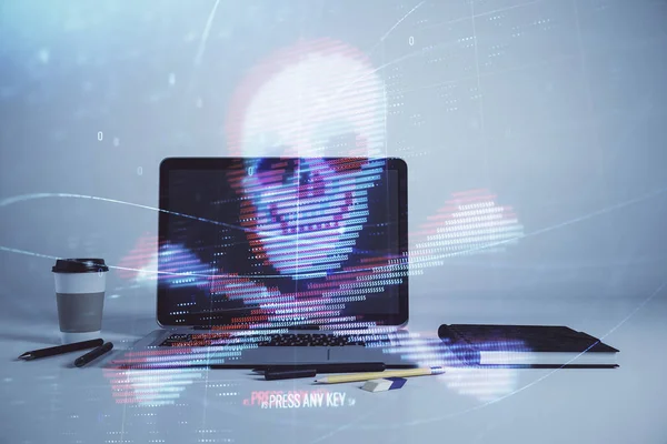 Masaüstü ofis arka plan ile Hacking Tema hologram. Çift Pozlama. — Stok fotoğraf