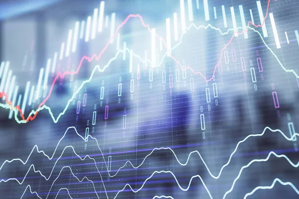 Gráfico del mercado de valores y bonos con escritorio de negociación interior de la oficina bancaria en segundo plano. Exposición múltiple. Concepto de análisis financiero — Foto de Stock