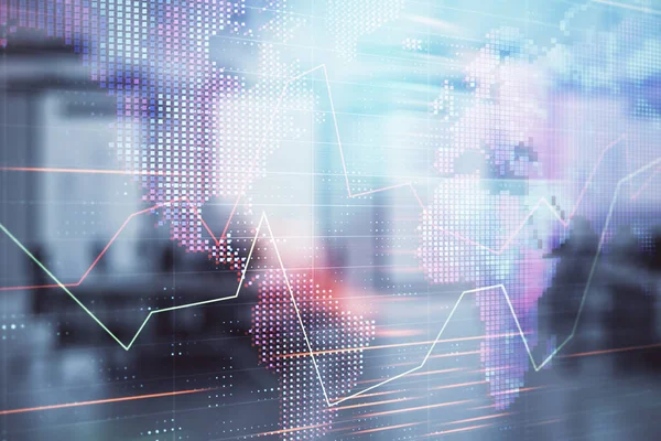 Stok ve tahvil piyasa grafik ve arka planda ticaret masası banka Ofisi İç ile dünya haritası. Çok pozlama. Uluslararası Finans konsepti