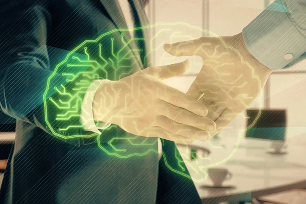 Double exposure of brain drawing on office background with two men handshake. Concept of innovation