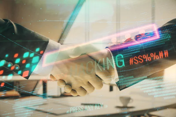 Double exposure of hacking theme hologram on office background with two men handshake. Concept of data security