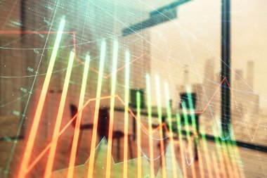 Minimalist kabine iç arka plan ile iş teması grafik hologram. Çift pozlama. Hisse senedi piyasası konsepti.