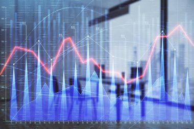 Minimalist kabine iç arka plan ile iş teması grafik hologram. Çift pozlama. Hisse senedi piyasası konsepti.