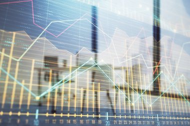 Minimalist kabine iç arka plan ile Forex grafik hologram. Çift pozlama. Hisse senedi piyasası konsepti.