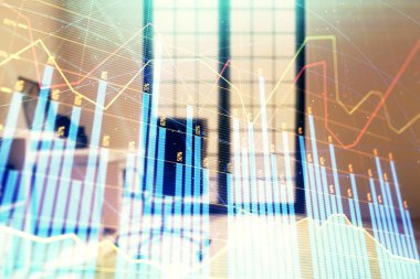 Minimalist kabine iç arka plan ile Forex grafik hologram. Çift pozlama. Hisse senedi piyasası konsepti.