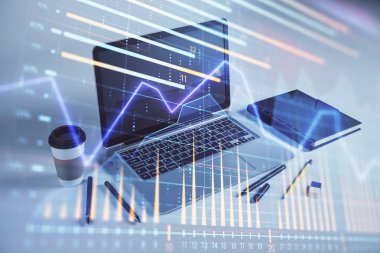 Masaüstü Ofis bilgisayar arka plan ile Forex grafik hologram. Çift pozlama. Finansal analiz konsepti.