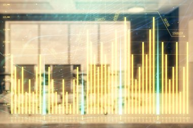 Konferans odası arka planda Forex çizelgesine çift pozlama. Hisse senedi piyasası analizi konsepti