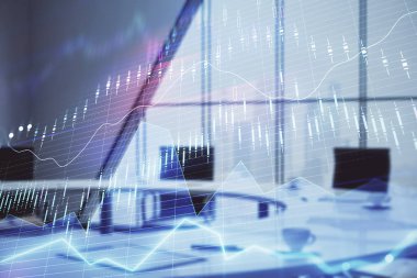 Konferans odası arka planda Forex çizelgesine çift pozlama. Hisse senedi piyasası analizi konsepti