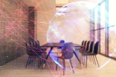 Konferans odası arka planda dünya hologram çift pozlama. Uluslararası iş konsepti