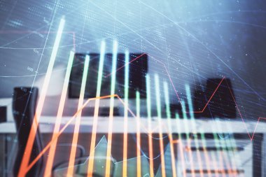 Hisse senedi piyasası grafik ve masaüstü ofis bilgisayar arka plan. Çok pozlama. Finansal analiz konsepti.