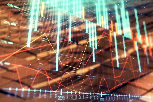 Ologramma grafico finanziario con sfondo astratto. Doppia esposizione. Concetto di analisi di mercato — Foto Stock