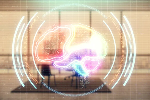 Hersenen ondertekenen hologram met minimalistische kabinet achtergrond. Dubbele belichting. AI concept. — Stockfoto