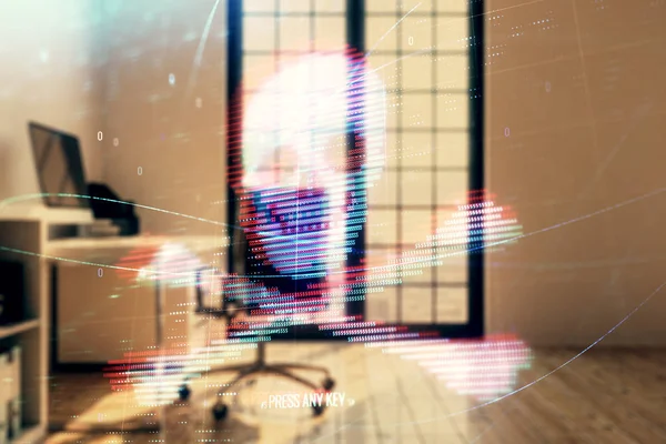 Hologramm der Cyberpiraterie mit minimalistischem Hintergrund im Inneren des Kabinetts. Doppelbelichtung. Hacker-Konzept. — Stockfoto
