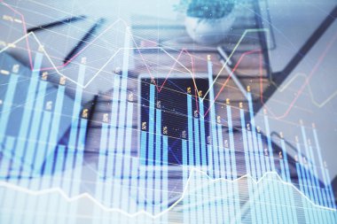 Masa arka planda döşeme dijital tablet üzerinde Forex grafik çift pozlama. Piyasa Analizi konsepti