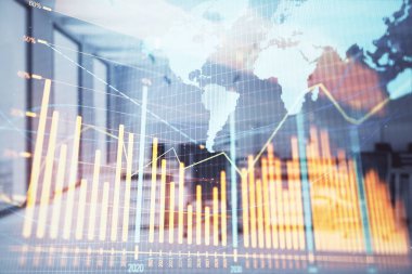 Stok ve tahvil piyasa grafik ve arka planda ticaret masası banka Ofisi İç ile dünya haritası. Çok pozlama. Uluslararası Finans konsepti