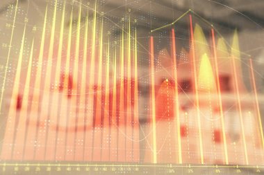Ticaret masası banka ofisi iç arka planda stok piyasa şeması. Çift pozlama. Finansal analiz konsepti