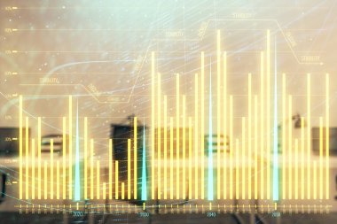 Arka planda ticaret masası banka Ofisi İç ile stok ve tahvil piyasa grafiği. Çok pozlama. Finansal analiz konsepti