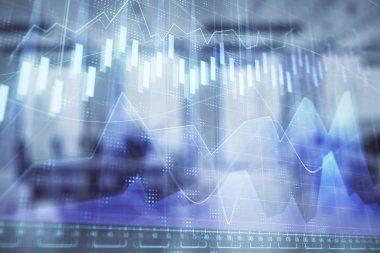 Ticaret masası banka ofisi iç arka planda stok piyasa şeması. Çift pozlama. Finansal analiz konsepti